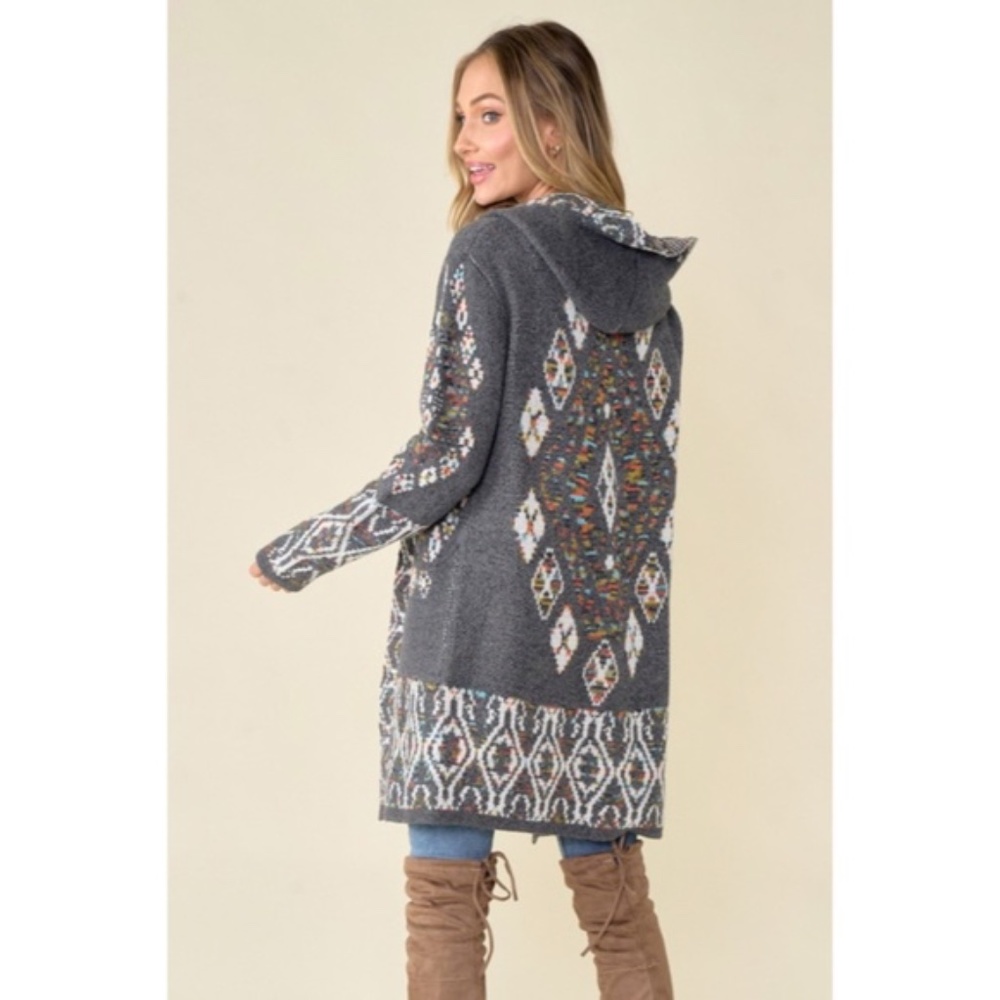 SOLD OUT Gray Aztec Tribal Rainbow Western Hooded Knit Open Cardigan Long Sleeve - Picture 4 of 9